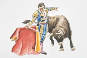 Torero in embroidered blue costume holding red cape (muleta) Torero in embroidered blue costume holding red cape (muleta)