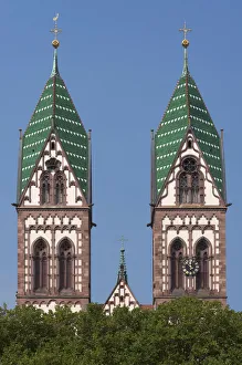 Towers of the Herz Jesu-Kirche, or Sacred Heart Church, built in the style of Historicism Towers of the Herz Jesu-Kirche, or Sacred Heart Church, built in the style of Historicism
