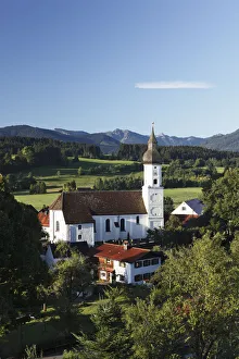 Town view with parish church of St. George, Bad Bayersoien, Pfaffenwinkel, Upper Bavaria Town view with parish church of St. George, Bad Bayersoien, Pfaffenwinkel, Upper Bavaria