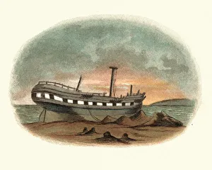 Traditional Hulk Ship, Grounded on shore, 19th Century Traditional Hulk Ship, Grounded on shore, 19th Century