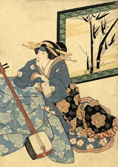 Traditional Japanese Woodblock female musician Traditional Japanese Woodblock female musician
