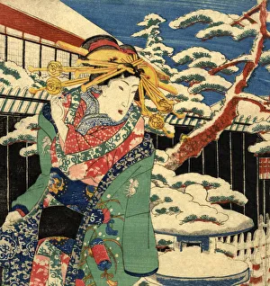 Traditional Japanese Woodblock female in the snow Traditional Japanese Woodblock female in the snow