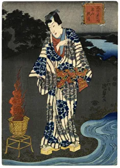 Traditional woodblock print of a man by water Traditional woodblock print of a man by water