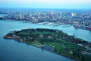 Prints of Aerial view of Governors Island in New York Harbor with Brooklyn in the foreground Travel Imagery Prints: Governors Island Aerial Print, New York Harbor