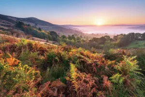 Prints of Hope valley on a beautiful misty morning in Autumn with rustic bracken and golden trees glowing with the first light of the day in the English Peak District National park. Castleton, Hope valley, UK Travel Photographer Collection Prints: Hope Valley Autumn Sunrise Print, Castleton Peak District UK