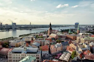 Prints of Aerial view of Riga at sunset, Latvia, Baltic States Latvia Prints: Aerial View of Riga at Sunset Print, Latvia