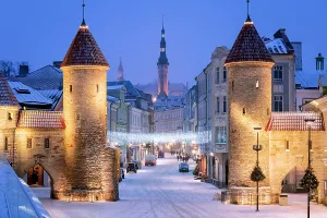 Prints of The famous Viru Gate (Viru Väravad) taken at Christmas Time in the snow at Tallinn, Estonia. Spire of the Town Hall (centre) Estonia Prints: Viru Gate Print - Tallinn, Estonia Scene at Christmas Time