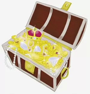 Images Dated 28th November 2006: Treasure chest containing gold coins, pearl necklaces, diamonds, drinking vessel and crown