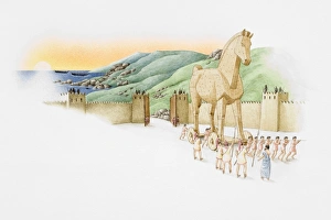 Trojan Wars, giant hollow wooden horse led by Greek warriors Trojan Wars, giant hollow wooden horse led by Greek warriors