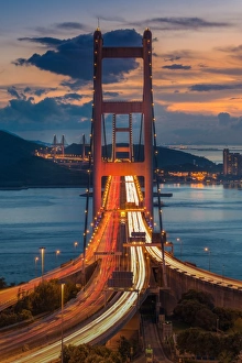 Front side of Tsing ma bridge with light trail Front side of Tsing ma bridge with light trail
