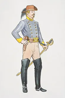 US, American Civil War cavalry captain holding sword, side view US, American Civil War cavalry captain holding sword, side view
