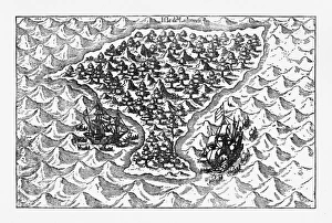 Van Noort Sailing the Marianne Islands, Engraving 1600 Van Noort Sailing the Marianne Islands, Engraving 1600