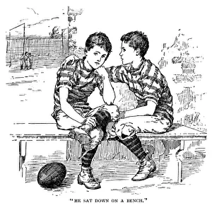 Two Victorian boys in rugby football kit talking on a bench Two Victorian boys in rugby football kit talking on a bench