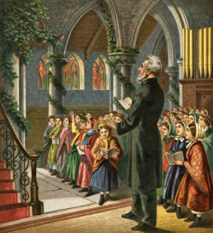 Victorian congregation singing Christmas carols in church Victorian congregation singing Christmas carols in church