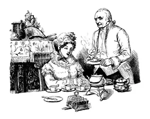 Victorian lady being served breakfast by a footman Victorian lady being served breakfast by a footman