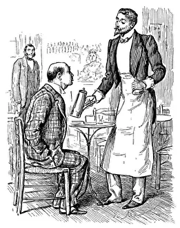 Victorian man ordering coffee from a waiter in a bar Victorian man ordering coffee from a waiter in a bar