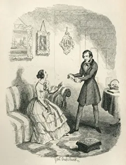 Victorian man and woman discussing a letter Victorian man and woman discussing a letter