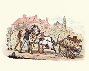 Victorian men struggling to control a horse and cart Victorian men struggling to control a horse and cart