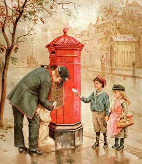 Victorian Postman and Children Posting a Letter 1895 Victorian Postman and Children Posting a Letter 1895