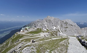 View down from the 2334m high Hafelekarspitze Mountain towards the Hafelekar mountain station and Seegrube Mountain View down from the 2334m high Hafelekarspitze Mountain towards the Hafelekar mountain station and Seegrube Mountain