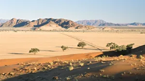View Of Arid Sandy Landscape with Mountains in Background View Of Arid Sandy Landscape with Mountains in Background