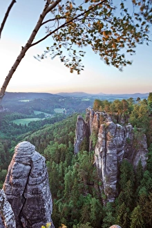 View from the Bastei rock formation in the morning light, Saxon Switzerland National Park View from the Bastei rock formation in the morning light, Saxon Switzerland National Park