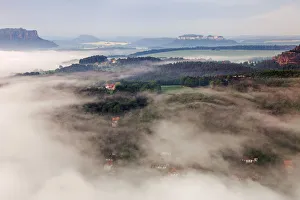 View from the Bastei rock formation, morning mist, Saxon Switzerland National Park View from the Bastei rock formation, morning mist, Saxon Switzerland National Park