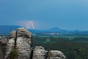 View from the Bastei rock formation, thunderstorm, Saxon Switzerland National Park View from the Bastei rock formation, thunderstorm, Saxon Switzerland National Park