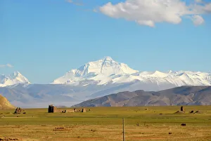 View towards the entire massif of Mount Everest, ruins in the valley near Old Tingri View towards the entire massif of Mount Everest, ruins in the valley near Old Tingri