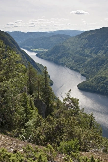 View from above to fjord-like Lake Bandak, Lardalstigen at Dalen, Lardalstigen, Telemark View from above to fjord-like Lake Bandak, Lardalstigen at Dalen, Lardalstigen, Telemark