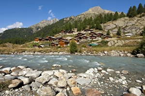 View across the Lonza river towards the mountain huts of the Gletscherstafel hamlet View across the Lonza river towards the mountain huts of the Gletscherstafel hamlet