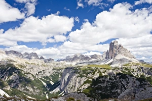 View from Monte Piano in the Alta Pusteria valley, Tre Cime di Lavaredo massif in the back, Dolomites, South Tyrol View from Monte Piano in the Alta Pusteria valley, Tre Cime di Lavaredo massif in the back, Dolomites, South Tyrol