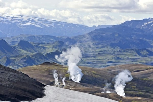 View from the Mt Hrafntinnusker or Raven Mountain across hot springs to Myrdalsjokull View from the Mt Hrafntinnusker or Raven Mountain across hot springs to Myrdalsjokull