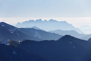 View from Mt Wallberg, Mt Wilder Kaiser in Tyrol at back, Upper Bavaria, Bavaria, Germany View from Mt Wallberg, Mt Wilder Kaiser in Tyrol at back, Upper Bavaria, Bavaria, Germany