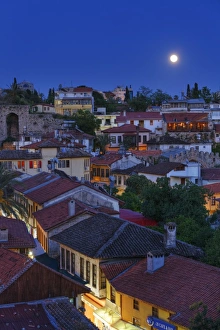 View of the old town with full moon, Kaleici, Antalya, Antalya Province, Turkey View of the old town with full moon, Kaleici, Antalya, Antalya Province, Turkey