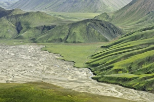 View from Suournamur Mountain over a river landscape with an alluvial fan, Landmannalaugar, Southern Region, Iceland View from Suournamur Mountain over a river landscape with an alluvial fan, Landmannalaugar, Southern Region, Iceland
