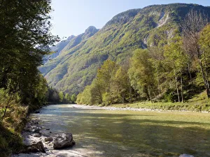View of turquoise Soca river and the Julian Alps in the Soca Valley near Bovec, Triglav National Park, Slovenia, Europe View of turquoise Soca river and the Julian Alps in the Soca Valley near Bovec, Triglav National Park, Slovenia, Europe