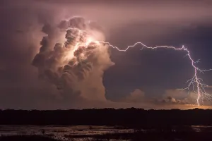 Prints of A dogleg lightning bolt jumping from a storm just outside of Darwin. Taken from Fogg Dam, 2015 wet season Lightning Storm Prints: Bolt from the Blue Print - Fogg Dam Lightning Storm, 2015