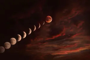 Prints of No People, Horizontal, Outdoors, Night, Digital Composite, Sky, Cloud, Dramatic Sky, Moon, Multiple Exposure, Scenics, Beauty In Nature, Red, Blood Moon, Rising, Motion, Full Moon, Night Sky Visual Treasure Prints: Blood Moon Print - Dramatic Night Sky