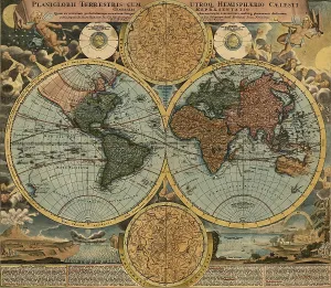 Prints of Color illustration (by Johann Baptist Homann) shows a Mercator projection of the world, with additional celestial maps, astrological charts, and a variety of inset images, 1716 The Zodiac Prints: World Map Color Print, 1716