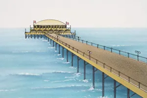 Walkway over pier leading to a building with domed roof, front view Walkway over pier leading to a building with domed roof, front view