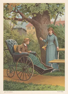 Wheelchair user and girl, lithograph, published in 1887 Wheelchair user and girl, lithograph, published in 1887