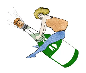 Woman riding champagne bottle at new year art nouveau 1897 Woman riding champagne bottle at new year art nouveau 1897