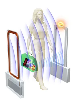 Woman walking through security gate, carrying bag, contents made visible Woman walking through security gate, carrying bag, contents made visible