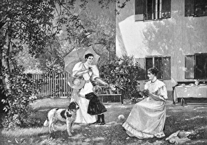 Two women with a child and a dog talk to each other and make floral bouquets - 1896 Two women with a child and a dog talk to each other and make floral bouquets - 1896