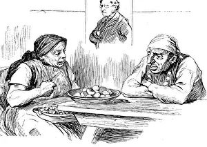 Women peeling raw potatoes sitting on table having talks with her man Women peeling raw potatoes sitting on table having talks with her man