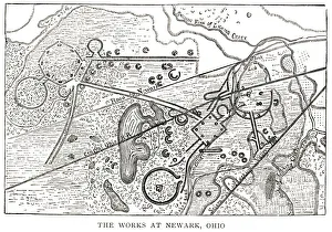 woodcut map illustration of Newark Earthworks, Ohio woodcut map illustration of Newark Earthworks, Ohio