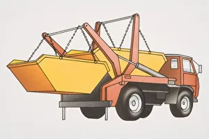 Two yellow skips loaded onto red refuse truck, rear view Two yellow skips loaded onto red refuse truck, rear view