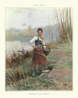 Young French peasant woman, returning from the river, 19th Century Young French peasant woman, returning from the river, 19th Century
