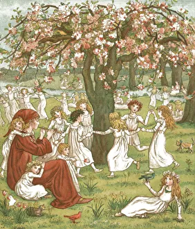 Young girls dancing amongst the trees while the Pied Piper plays his pipe Young girls dancing amongst the trees while the Pied Piper plays his pipe